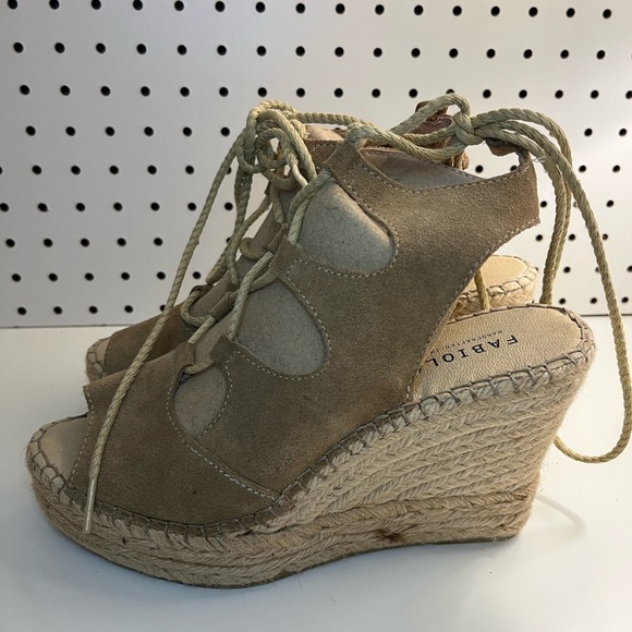 Fabiolas Tan Lace Up Cut Out Wedge Leather Espadrille Sandals - Picture 5 of 16